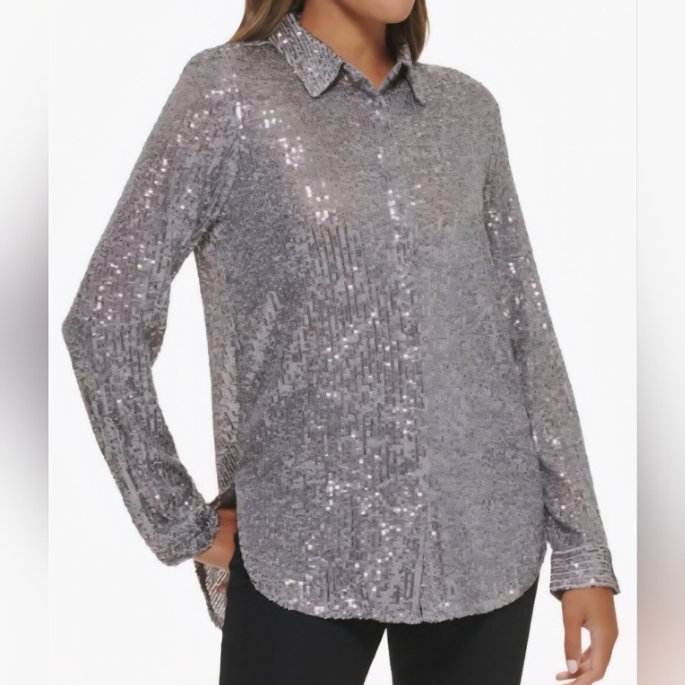 NY Collection Silver Sequin Blouse - Picture 2 of 9